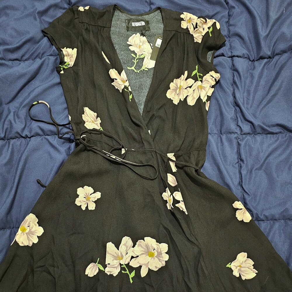 Reformation Black Floral Wrap Dress Sz 12